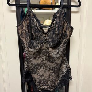 Black Lace Sheer Bodysuit with Nude Lining